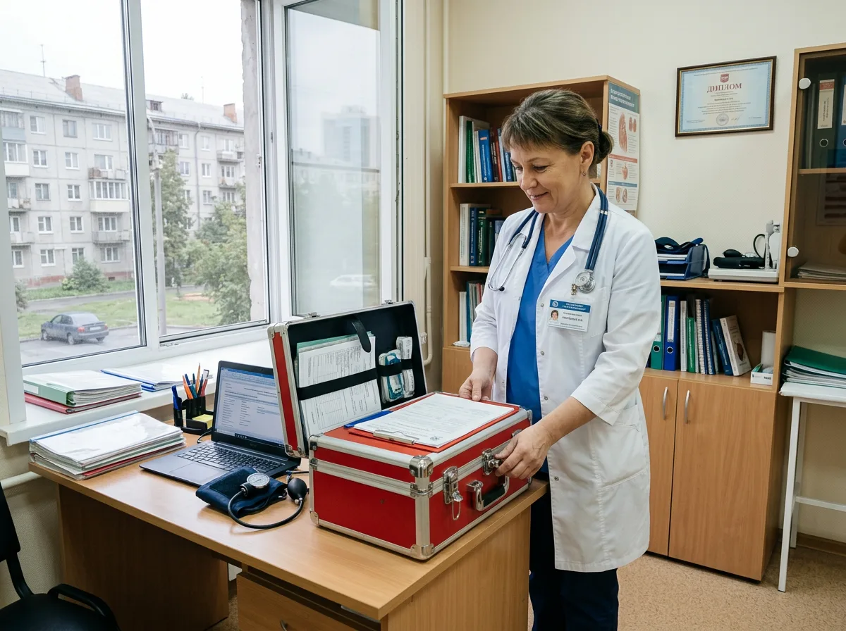 Врач-нарколог в белом халате с медицинским чемоданом, готовится к выезду на вызов, светлый кабинет, профессиональная обстановка, Екатеринбург