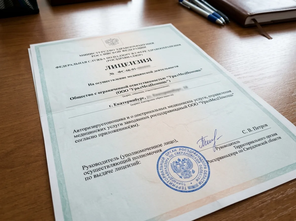 Лицензия на медицинскую деятельность ООО УралМедПомощь, документ Росздравнадзора, официальный бланк с печатью и подписью руководителя, Екатеринбург