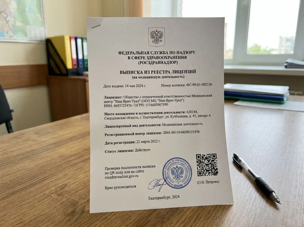 Выписка из реестра лицензий Росздравнадзора, официальный документ с QR-кодом для проверки подлинности, Екатеринбург 2024