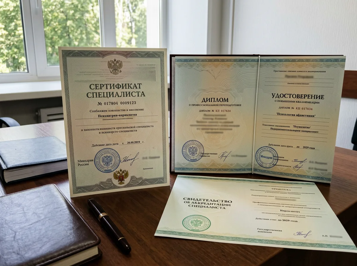 Сертификаты специалистов врачей-наркологов, документы о повышении квалификации и действующей аккредитации, официальные бланки Минздрава России